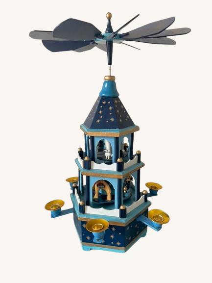 Blå 3-etagers Weihnachtspyramide med musikdåse / Julekarrusel