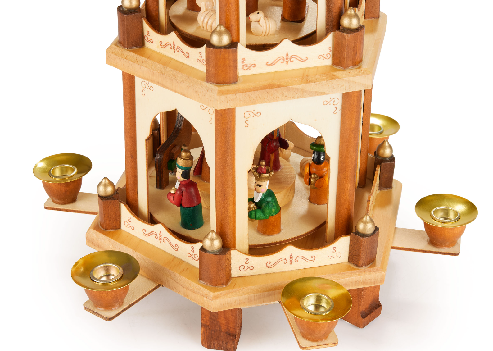 3-etagers Weihnachtspyramide med malede detaljer / Julekarrusel i træ no. 9